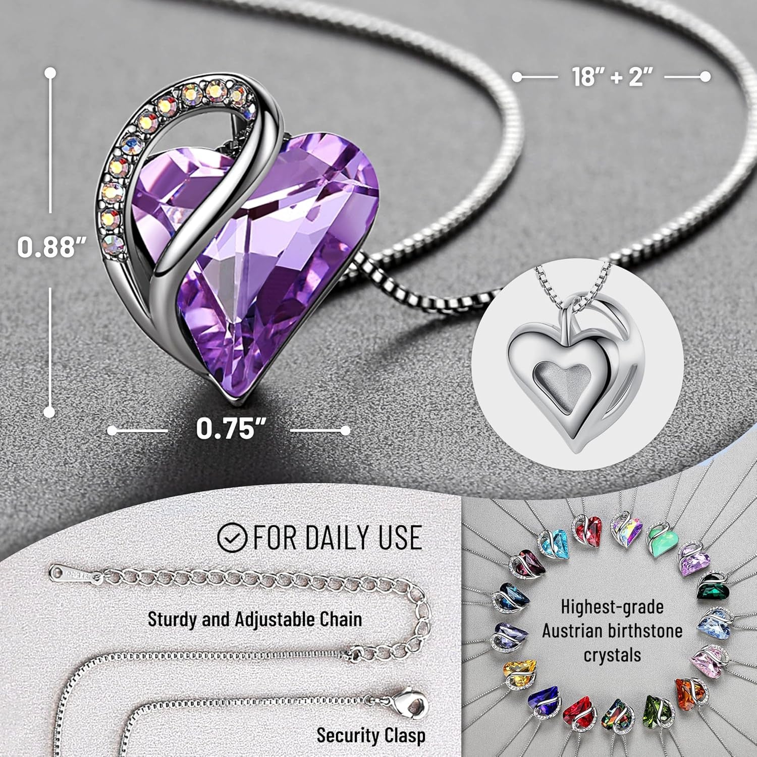 Necklaces for Women, Infinity Love Birthstone Heart Crystal Pendant, Birthday Jewelry Gifts for Her, Mom, and Wife, Silver Plated, 18 plus 2 Inch Adjustable Chain