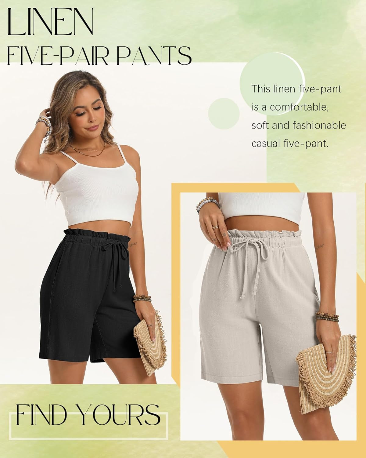 2 Pack Women'S Linen Bermuda Shorts Cotton High Waist Wide Leg Summer Drawstring Mid Length Shorts with Pockets