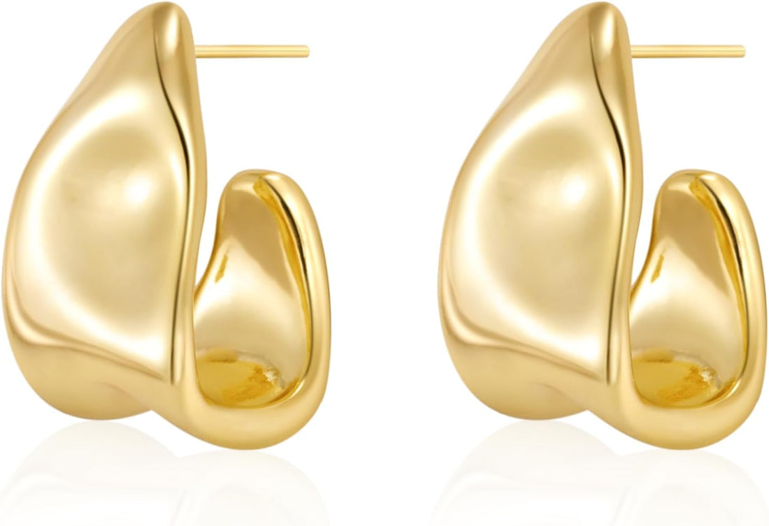 Chunky Gold Stud Earrings for Women 14K Gold Plated Hypoallergenic Earrings Statement Trendy Fashion Gold Jewelry Gifts
