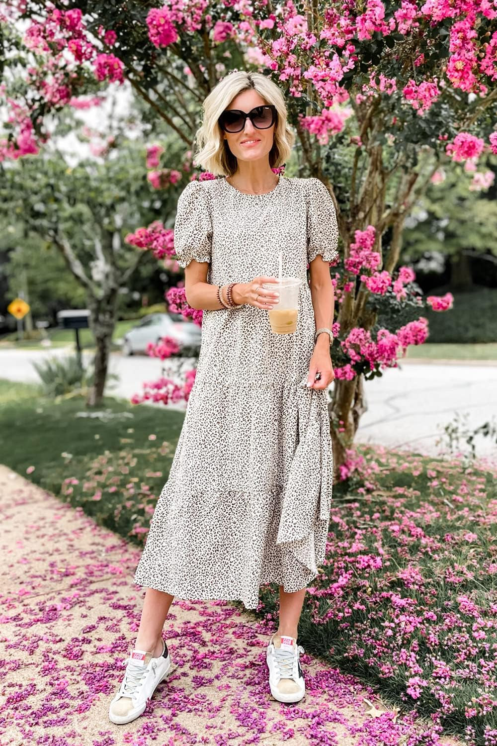 Summer Dresses for Women 2025 Casual Floral Boho Midi Sun Dress Puff Short Sleeve Flowy Beach Vacation Sundress
