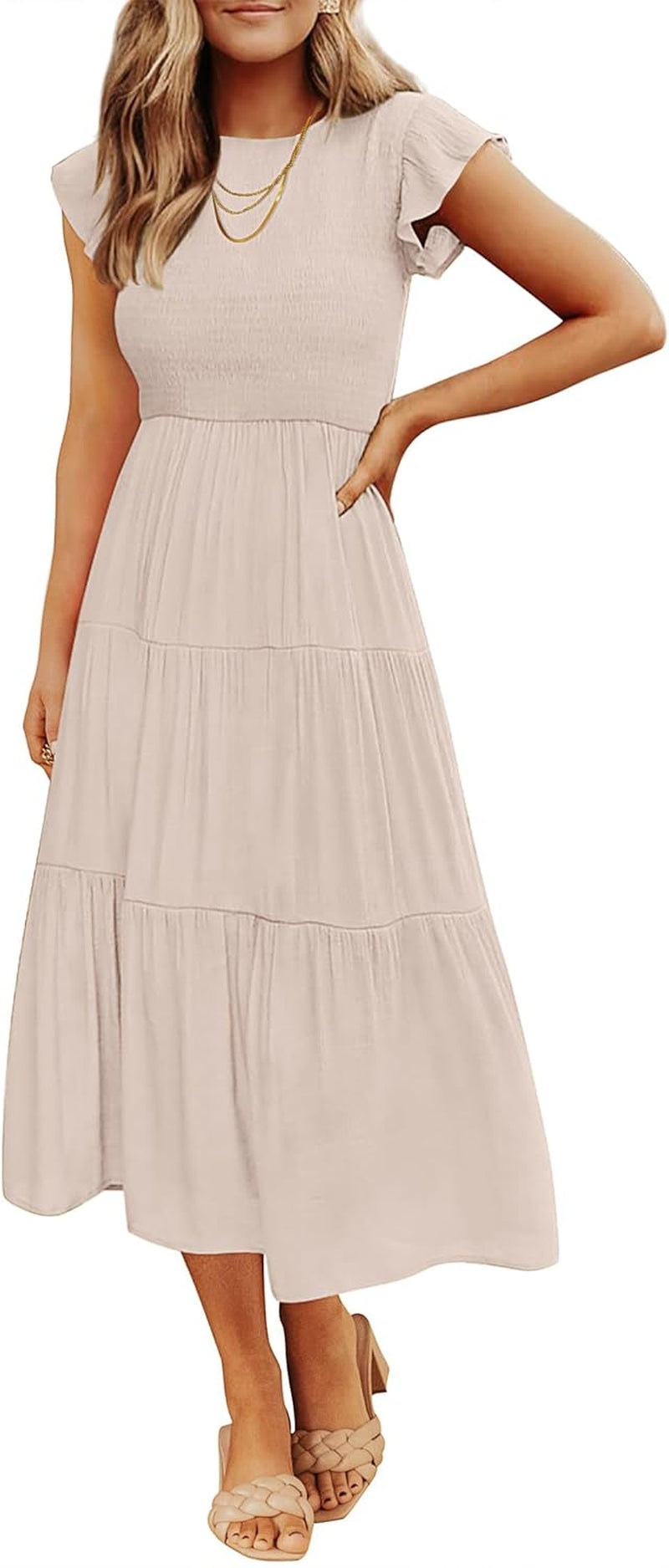 Women'S 2025 Summer Casual Flutter Short Sleeve Crew Neck Smocked Elastic Waist Tiered Midi Dress