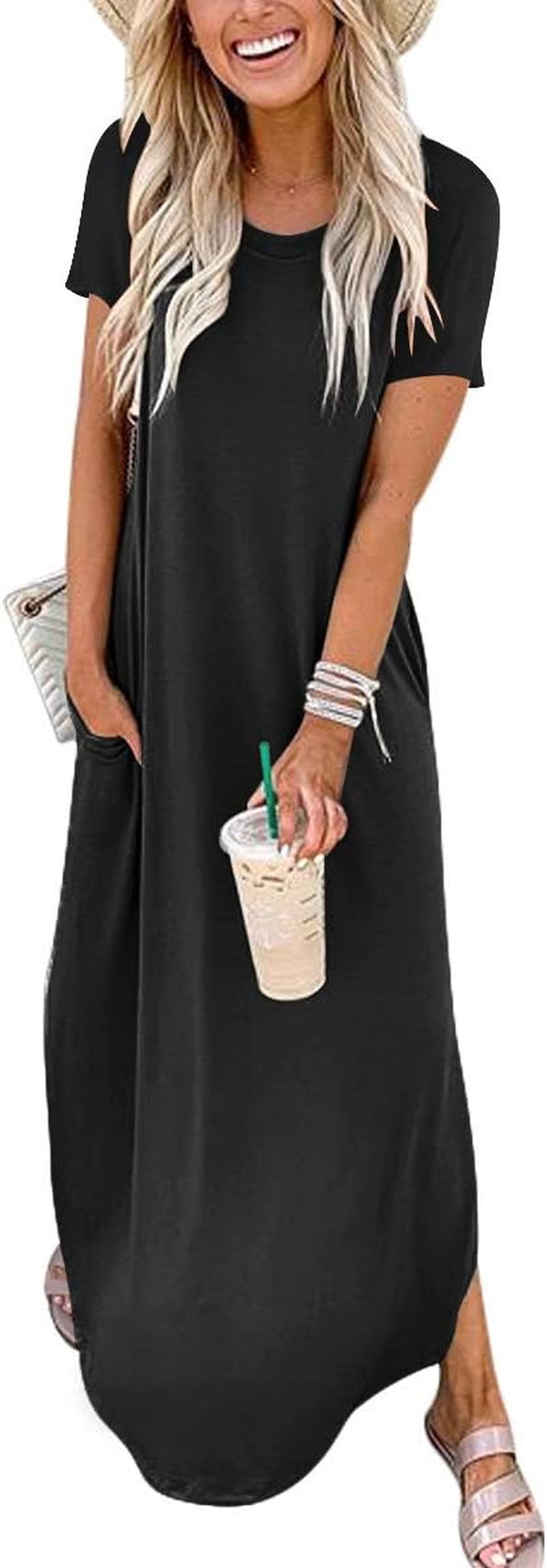 Women'S Summer Casual Loose Short Sleeve Long T Shirt Dress Split Maxi Beach Sundress Travel Vacation Outfits