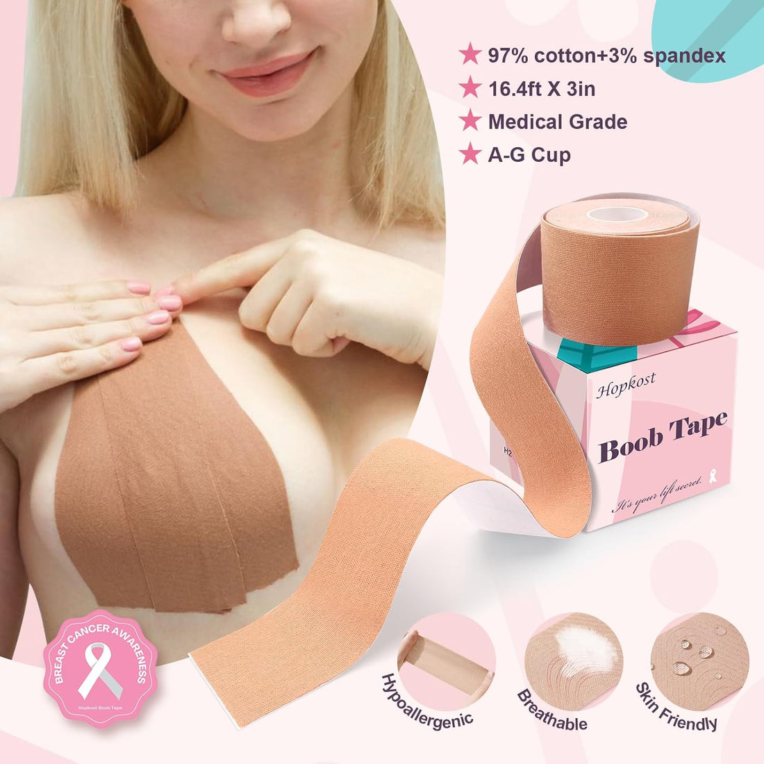 Boob Tape Breast Lift Tape for Large Breasts with 2 Pcs Nipple Covers Invisible Boobtape for A-G Cup(Beige,3 In)