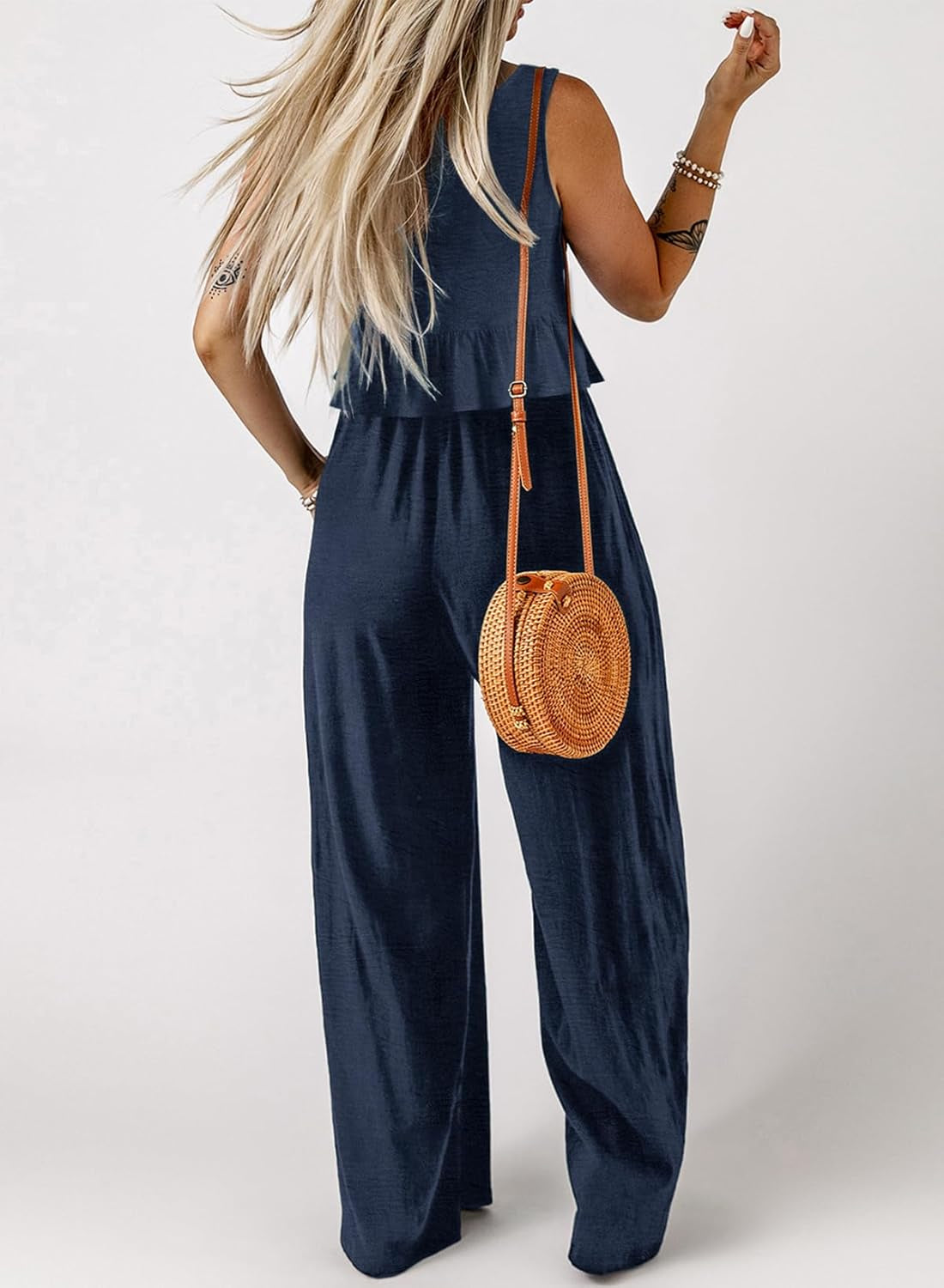 Pants Sets Women 2 Piece Outfits Sleeveless round Neck Tank Tops Matching Sets for Women Elastic Waist Wide Leg
