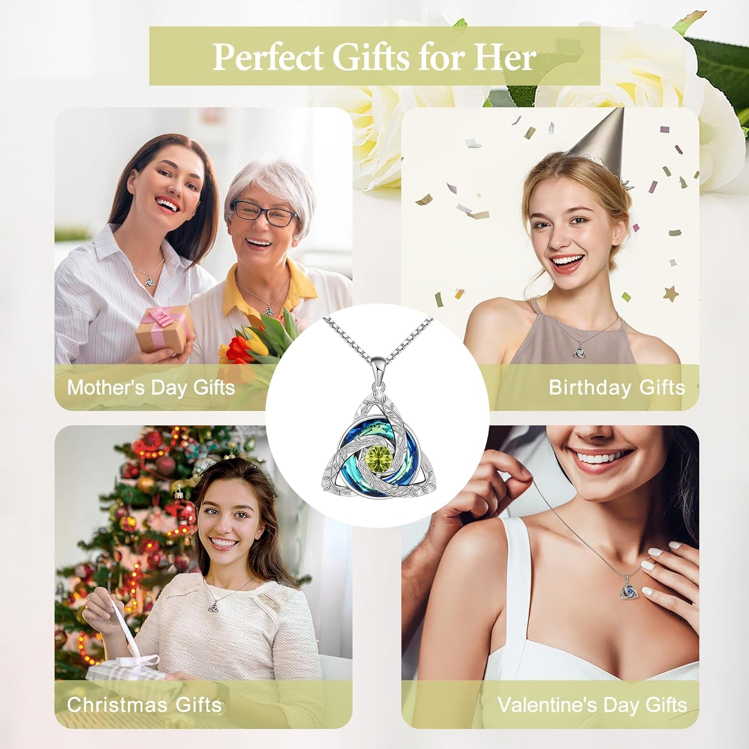 Celtic Birthstone Necklace for Women, S925 Sterling Silver Trinity Knot Triquetra Austria Crystal Pendant, Birthstone Necklace Birthday Anniversary Jewelry Irish Scottish Gifts for Her