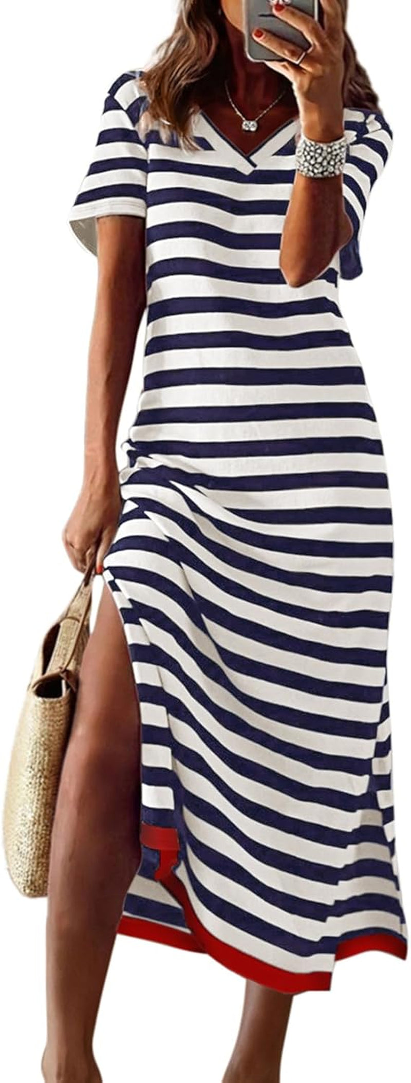 Summer Dress Casual Womens Fashion Short Sleeve Maxi Dress T Shirt Dress Striped Long Color Block Maxi Dress