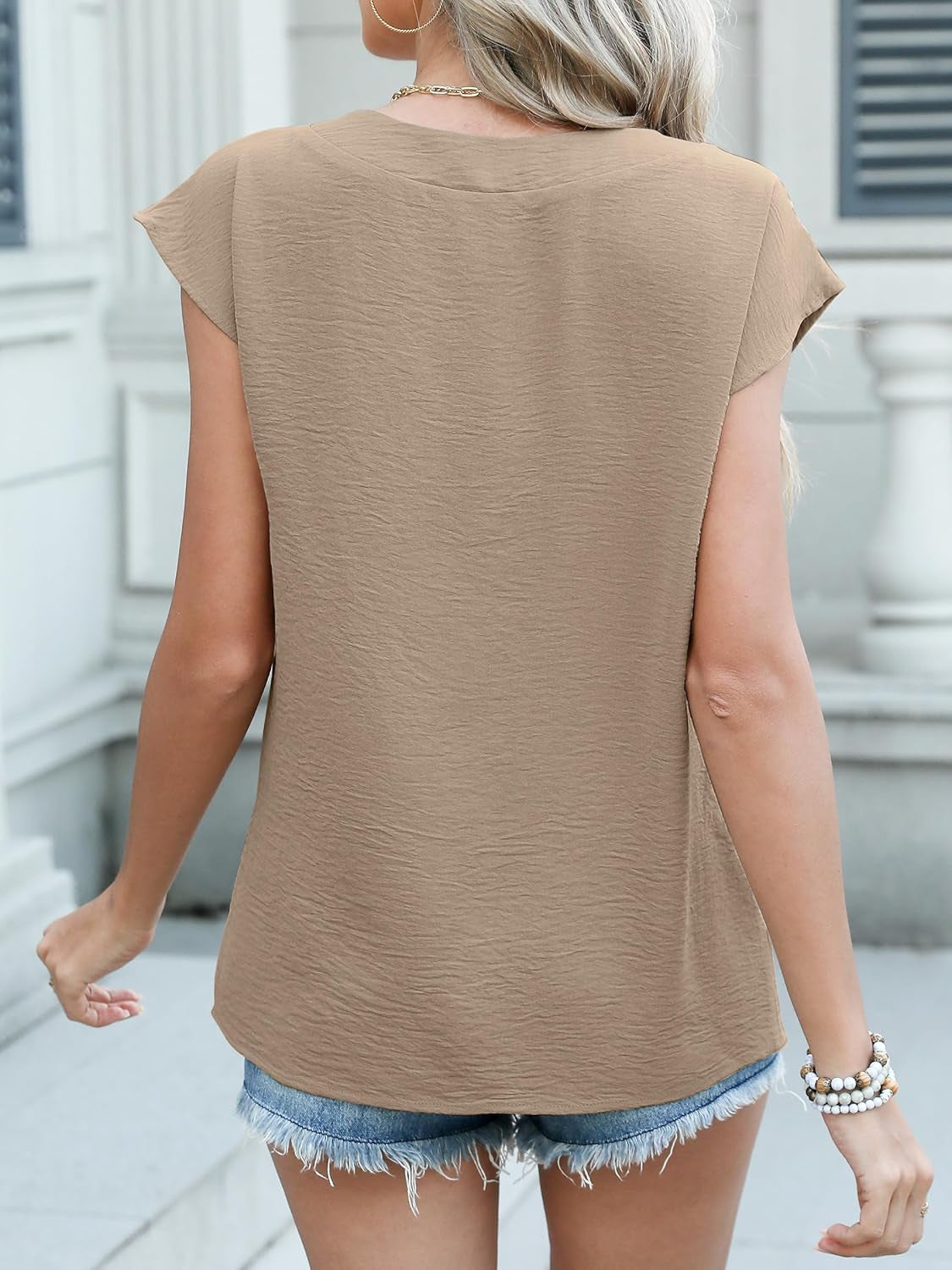 Women Tops Cap Sleeve Textured Dressy Casual V Neck Shirts 2025 Summer Business Work Blouses Outfits