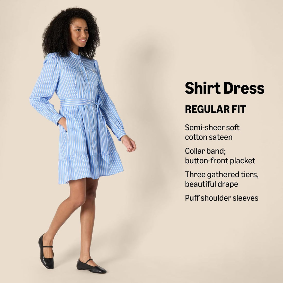 Women'S Regular-Fit Cotton Sateen Tiered Shirt Dress