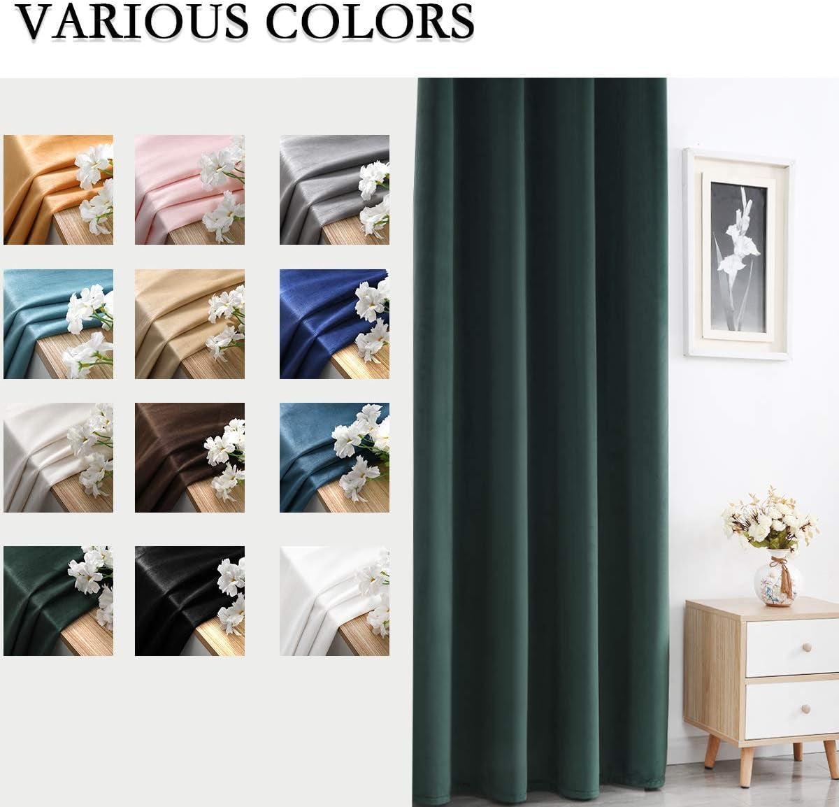 Green Velvet Blackout Curtains - 84 Inch Long Grommet Velvet Window Curtain Panels - Set of 2 Heat Insulated, Thermal Light Blocking Panels for Bedroom