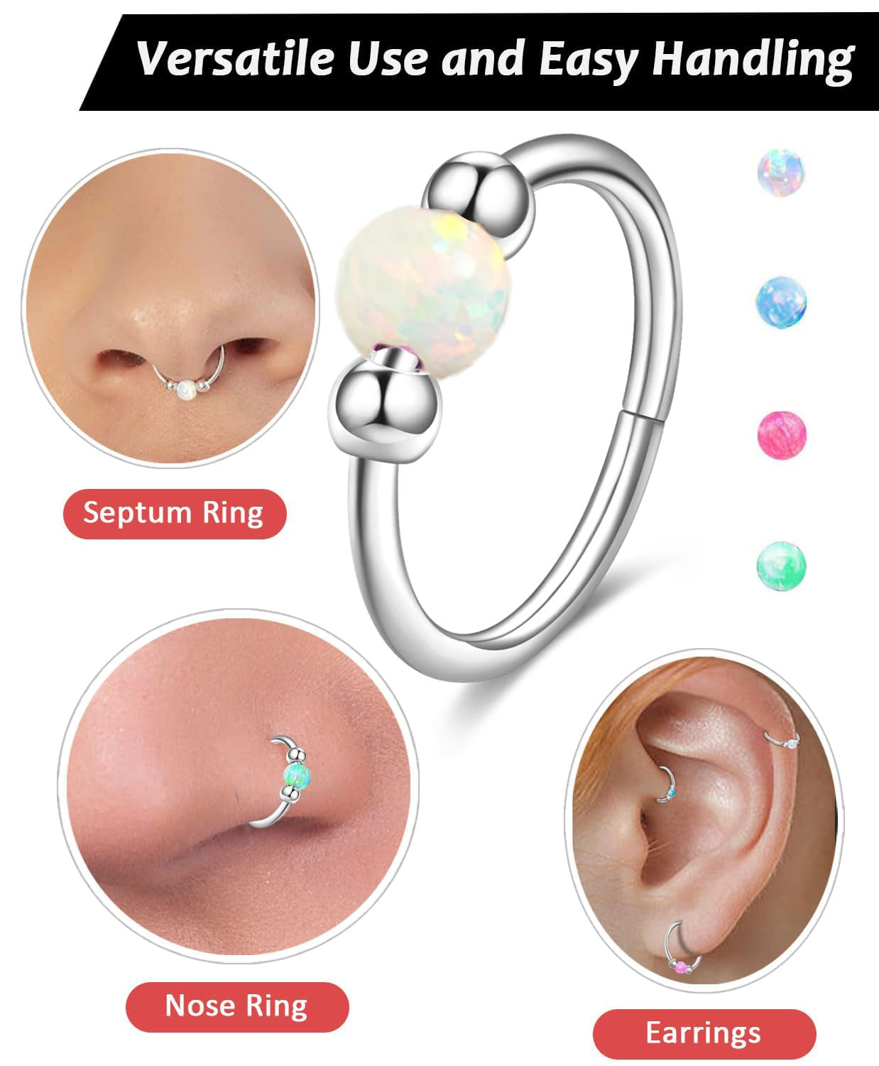 2 Pcs Small Cartilage Hoop Earrings for Women Men, 18G Opal Silver Earrings Hypoallergenic 316L Surgical Steel Hinge Huggie Hoop Earrings for Helix,Tragus,Conch,Rook,Earlobe Piercing Jewelry Nose Ring