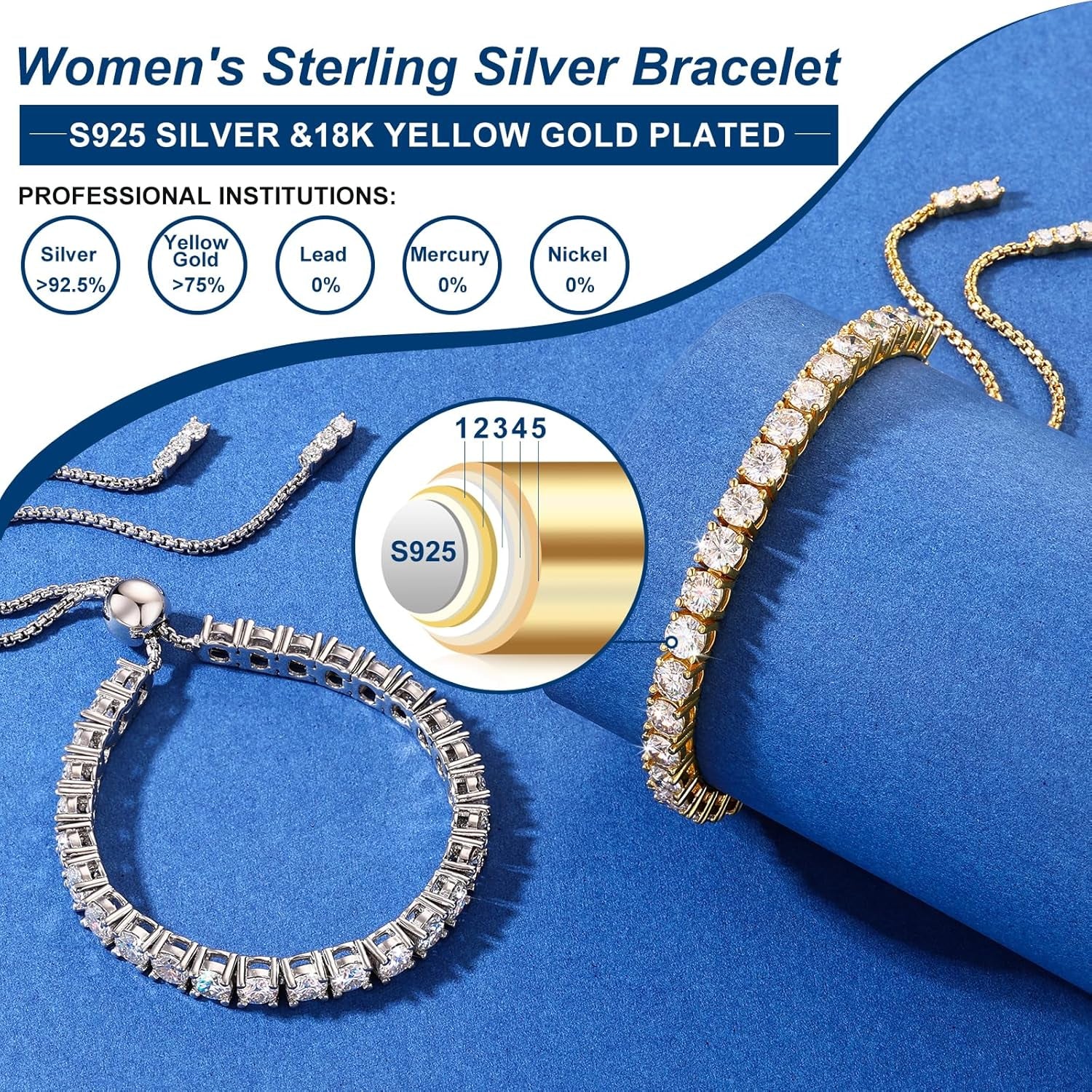 Moissanite Tennis Bracelet 1.52Ct-7.76Ct Adjustable Bracelet for Women 18K White Gold Plated S925 Sterling Silver Tennis Bracelet D Color VVS1 round Cut 2/3/4Mm Moissanite Bracelet Gifts for Wife/Mom