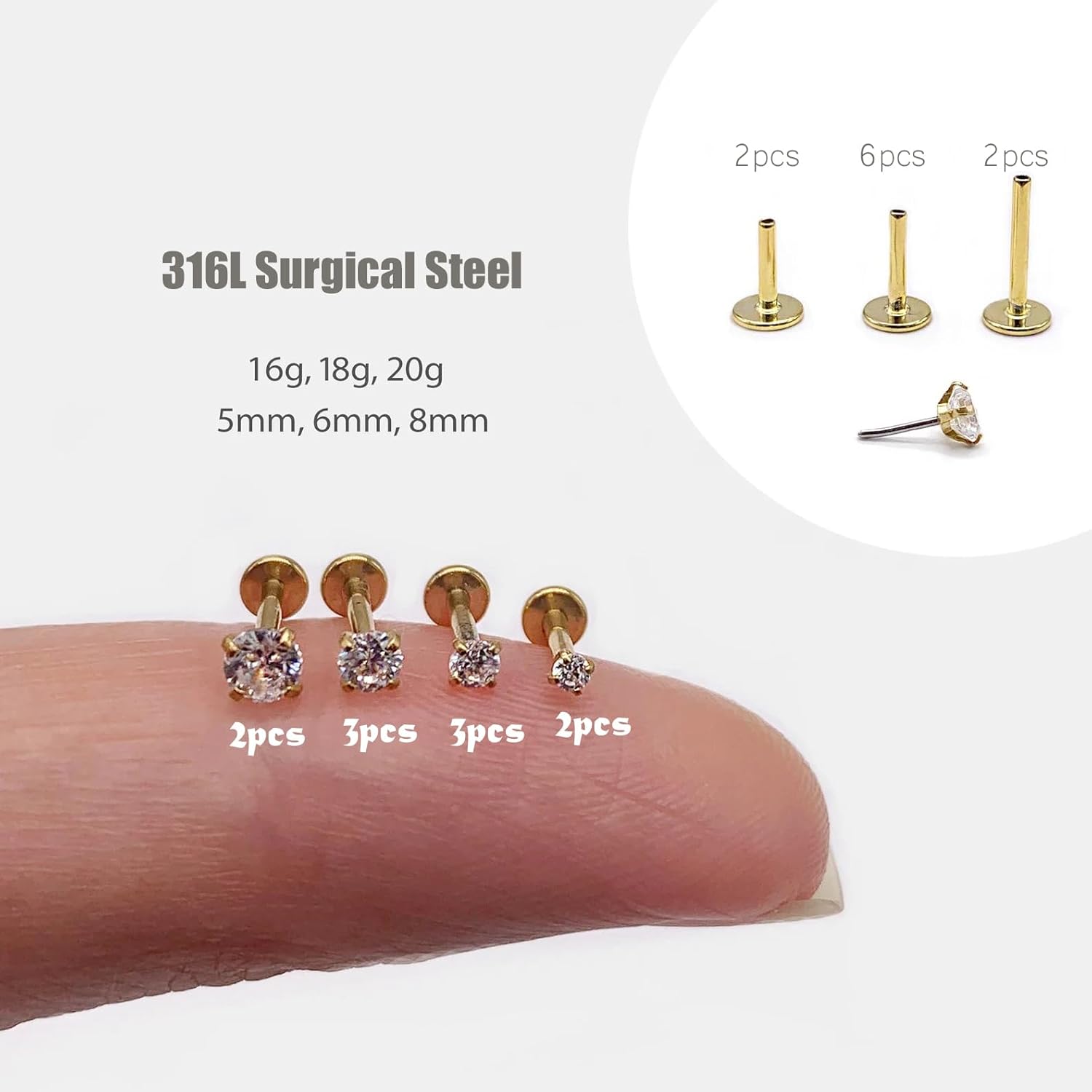 16G/18G/20G Tiny CZ Stud Earrings, Gold Flat Back Earrings, Threadless Cartilage Tragus Piercing Conch Stud Nose Helix Stud
