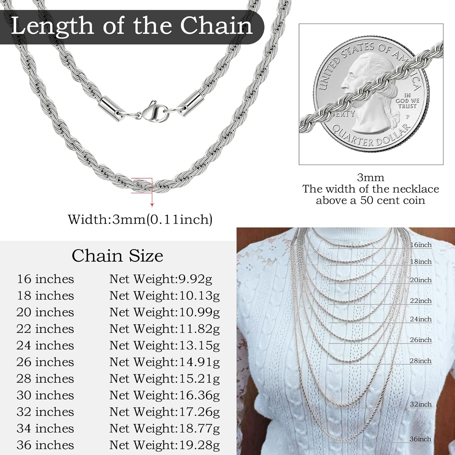 Twist Chain Necklace - Stainless Steel Rope Jewelry for Men & Women