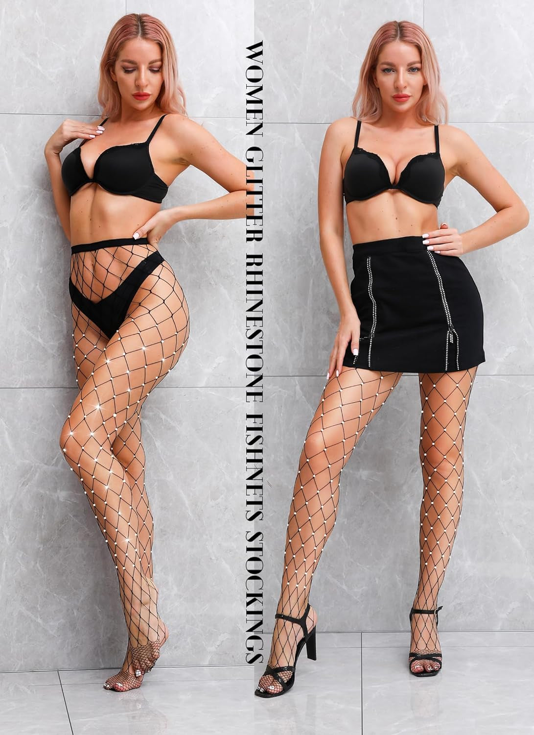 2 Pack Sparkly Large and Medium Mesh Fishnet Tights for Women Glitter Rhinestone Fishnets Stockings