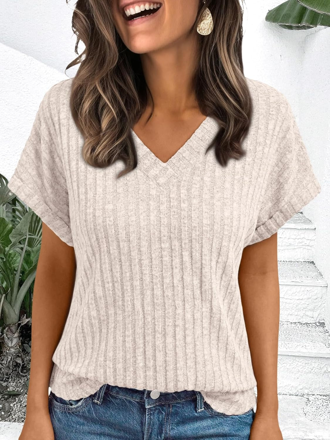 Women Tops Summer Sweaters Short Sleeve V Neck Shirts 2025 Spring Fashion Dressy Casual Business Tunic Blouses