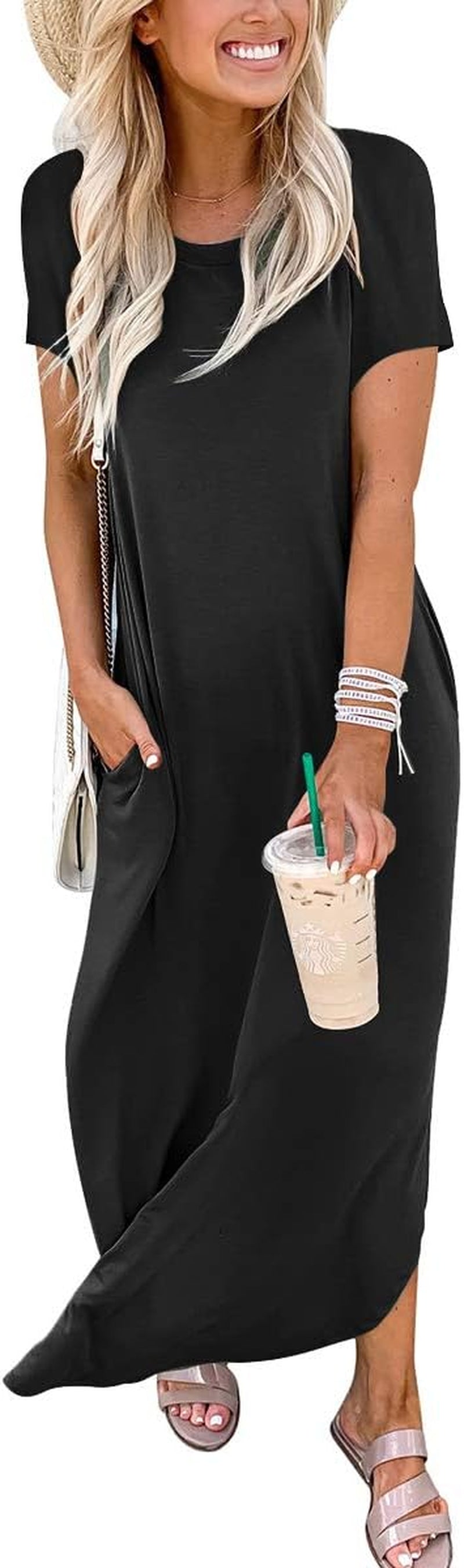 Women'S Summer Casual Loose Short Sleeve Long T Shirt Dress Split Maxi Beach Sundress Travel Vacation Outfits