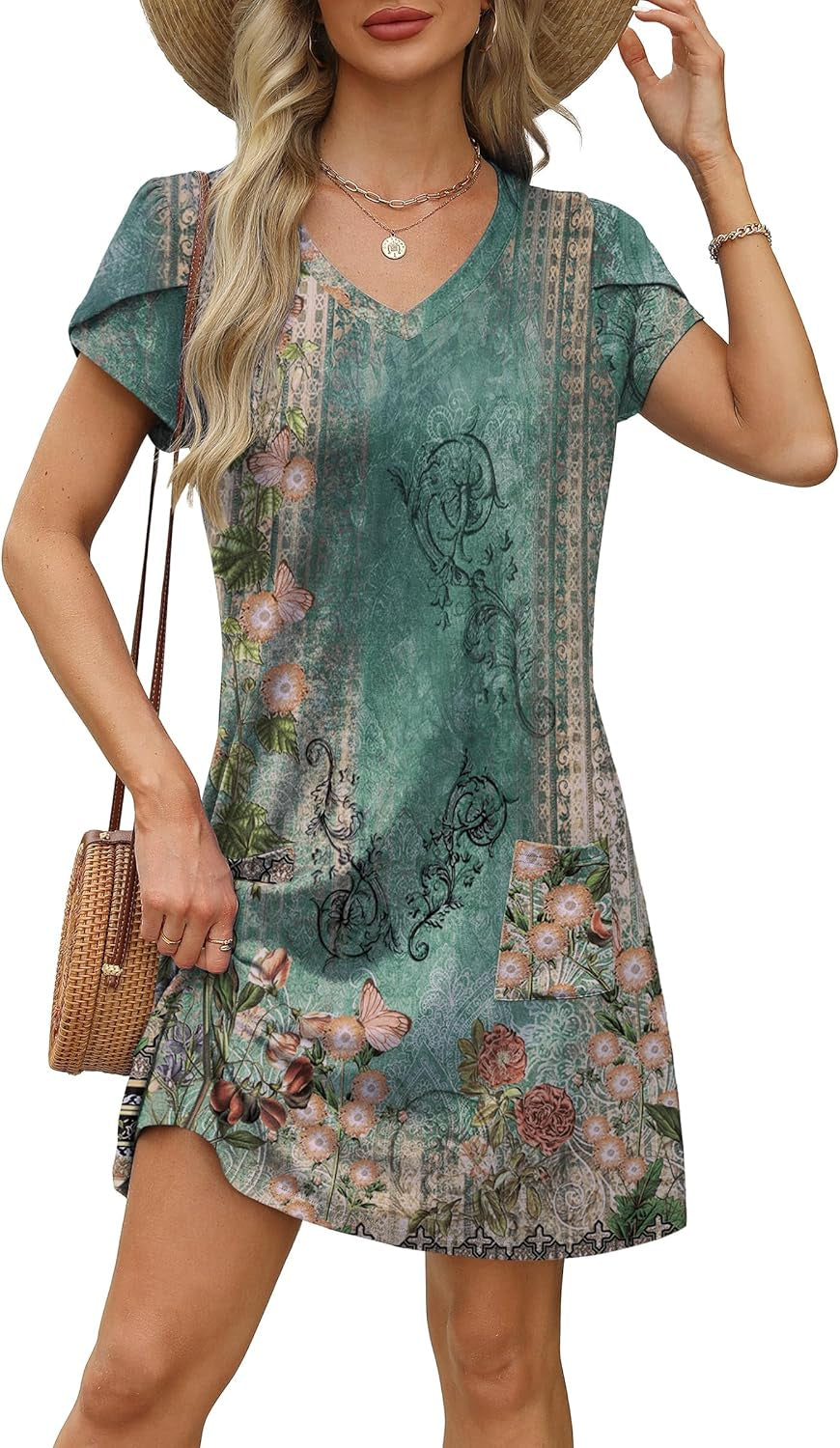 Womens Summer Dresses 2025 Tulip Petal Short Sleeve V Neck Loose Swing Sundresses with Pockets Plain/Print