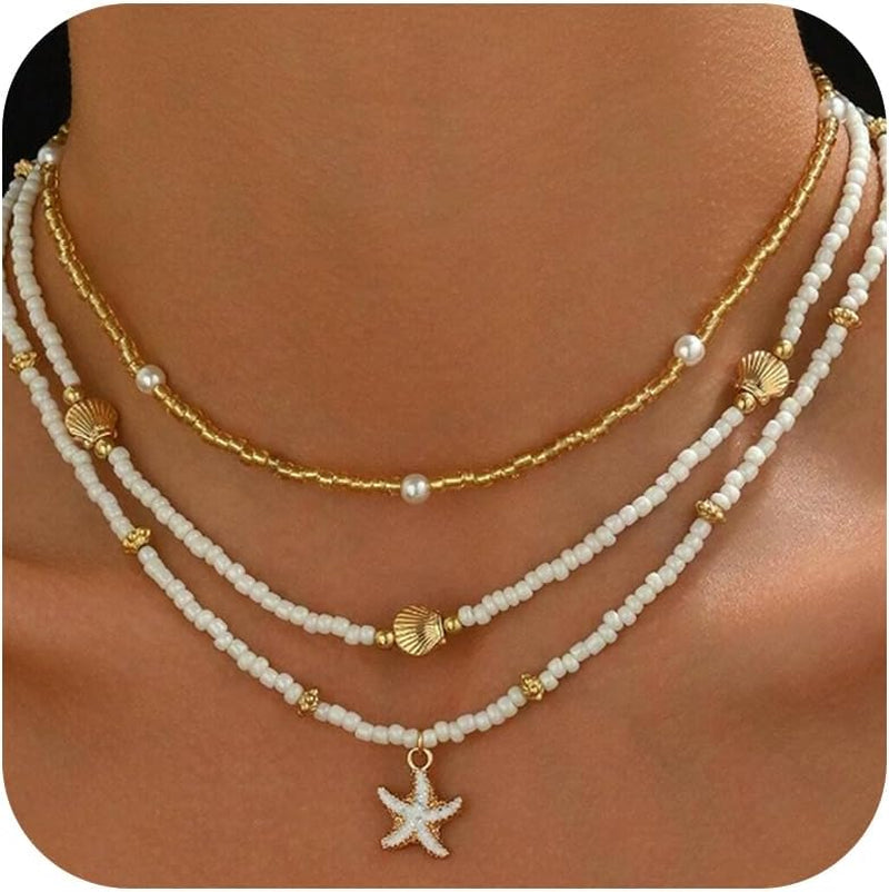 Gold Starfish Necklace Summer Beach Jewelry for Women Layered Ocean Pearl Beaded Necklace Summer Outfits Beach Surfer Jewelry Gifts for Women