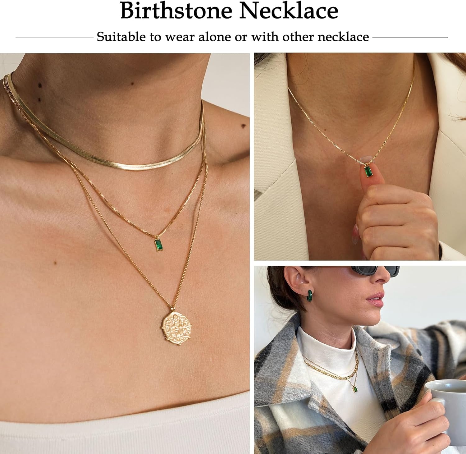 Diamond Necklaces for Women 14K Gold Plated Emerald Birthstone Necklace for Women Mothers Dainty Gold Necklace Blue Green Cubic Zirconia Pendant Necklace Birthday Gifts for Women Jewelry