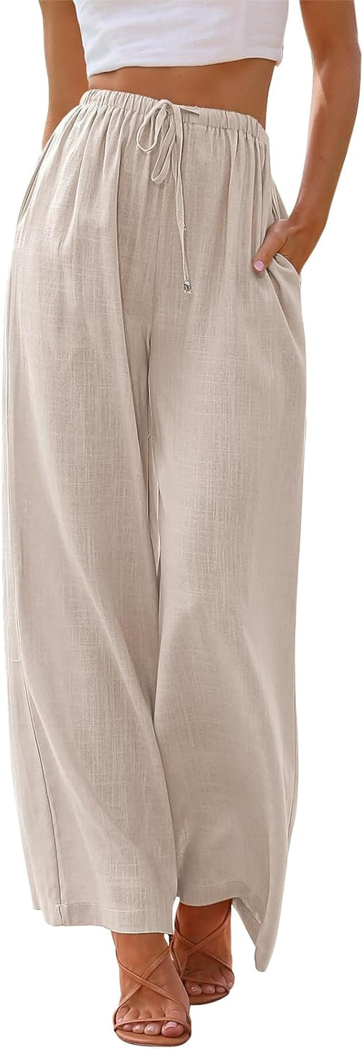 Women'S Linen Summer Palazzo Pants Flowy Wide Leg Beach Pants with Pockets