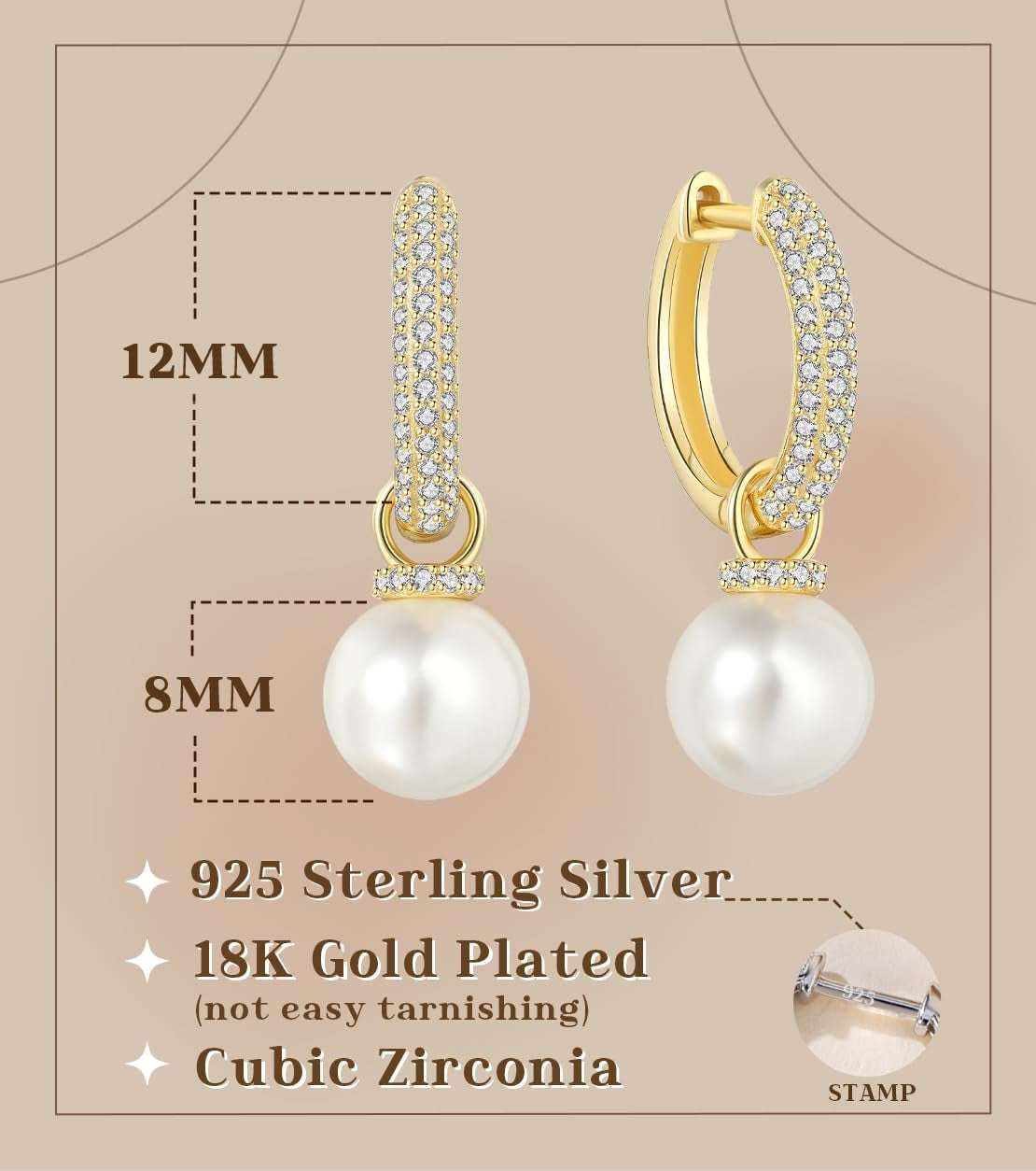 Pearl Earrings for Women 925 Sterling Silver Hoop Earrings Shell Pearl Drop Earrings Dangling 2 in 1 Style