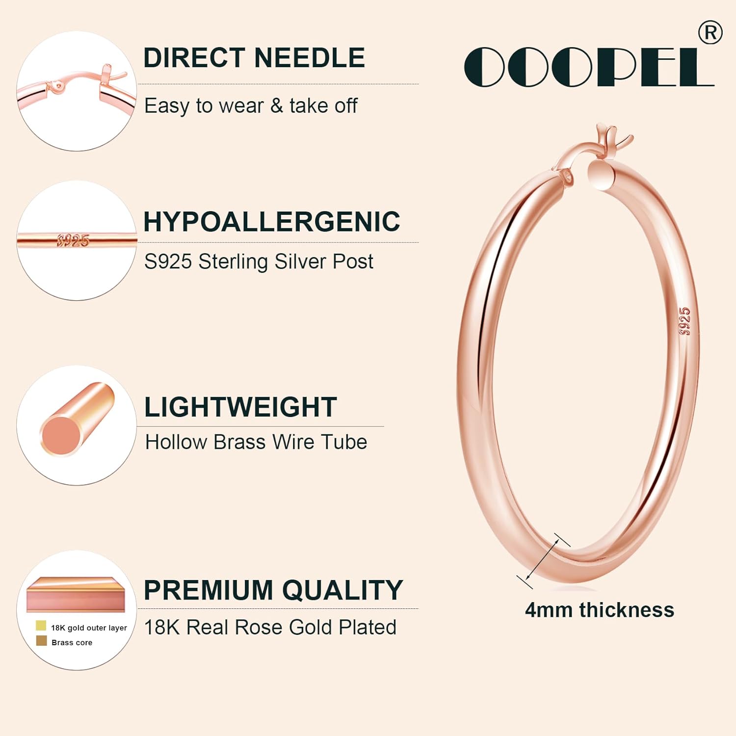 4Mm Thick Gold Chunky Earrings Steling Silver Post Hoops Earrings for Women Hollow Tube Hoops Earrings Thick Gold Hoop Earrings Hypoallergenic Lightweight Gold Hoop Large Earrings 20/30/40/50/60MM