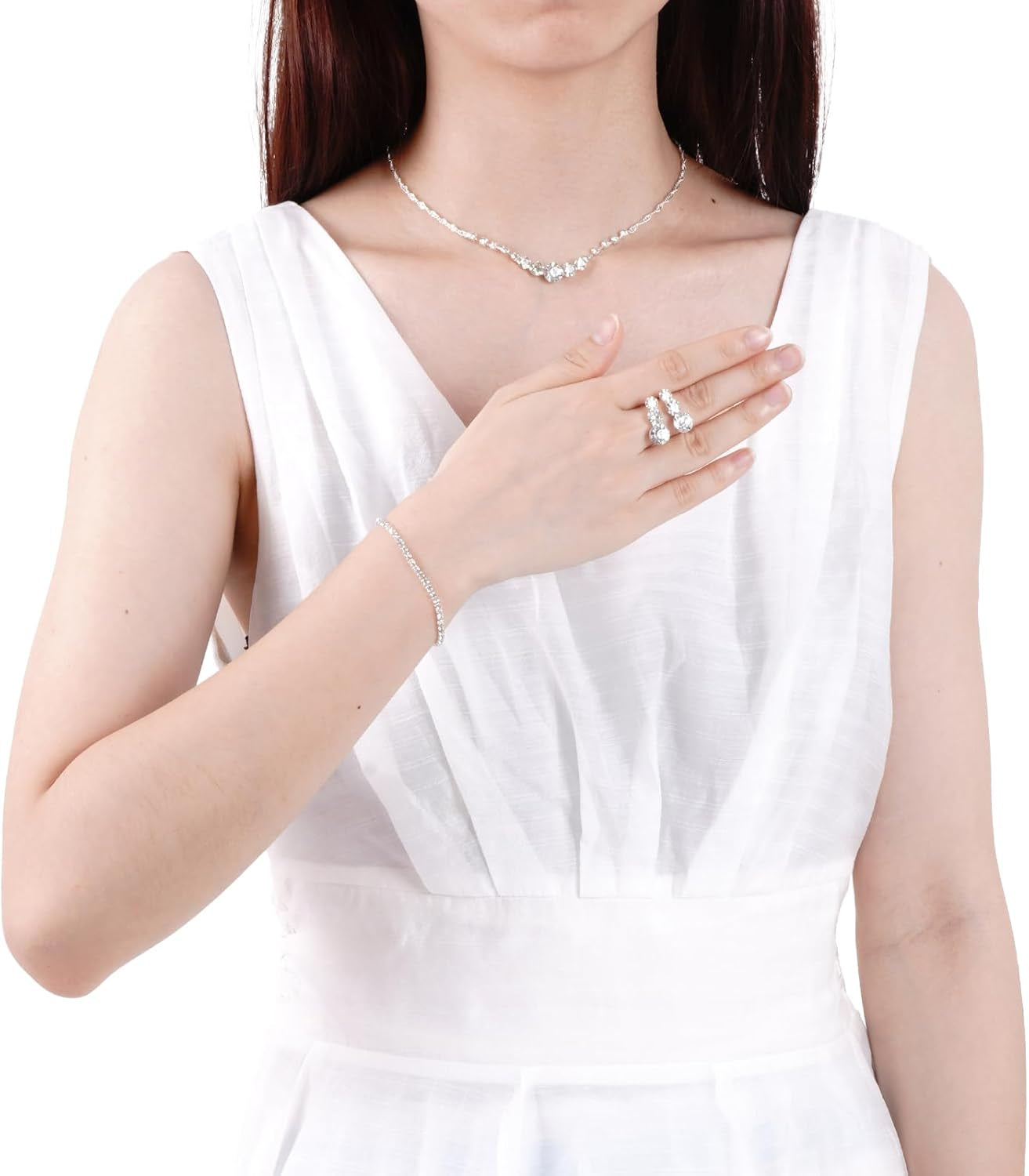 Women Jewelry Set Silver Necklace Earrings Bracelet Rhinestone Crystal Bridal Wedding Jewelry Sets for Brides Bridesmaid Wedding Party
