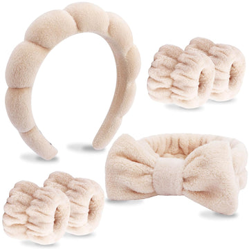 6 Pack Spa Headband, Makeup Headband, Face Wash Headbands, Skincare Headbands, Brown Sponge Hair Band Bow Tie Spa Head Band for Washing Face Wristband Set Hair Accessories for Women