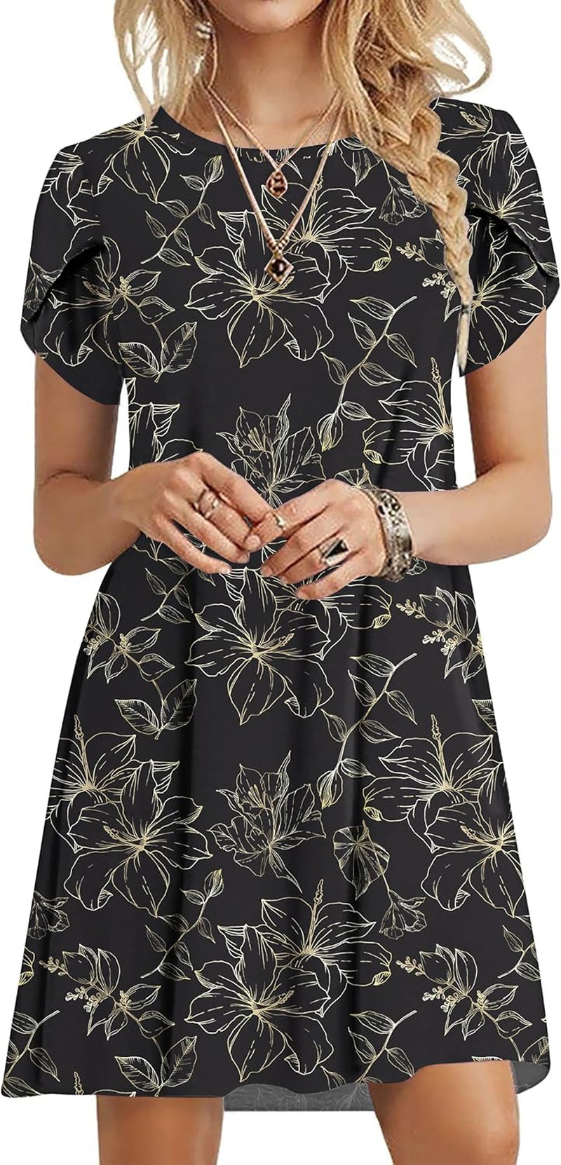 Summer Dresses for Women 2024 Casual T Shirt Crewneck Petal Sleeve Swing Vacation Dress with Pockets