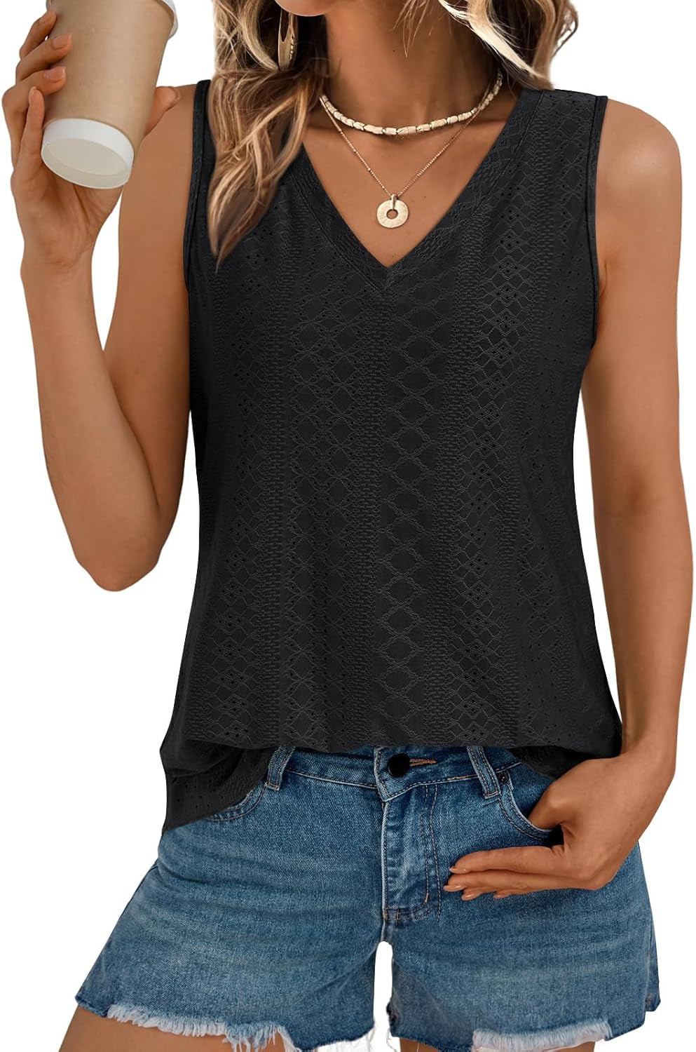 Women Summer Tank Top Eyelet Embroidery 2025 Vacation Sleeveless V Neck Loose Fit Shirt Spring Fashion Casual Clothes