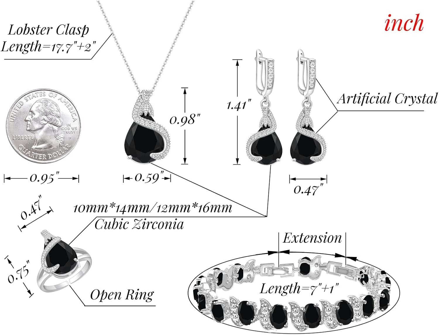 Jewelry Set for Women Water Drop Cubic Zirconia Artificial Crystal Earrings Pendant Necklace Open Ring Tennis Bracelet Wedding Anniversary Birthday Engagement Gift for Bridesmaid Wife Girlfriend Friend