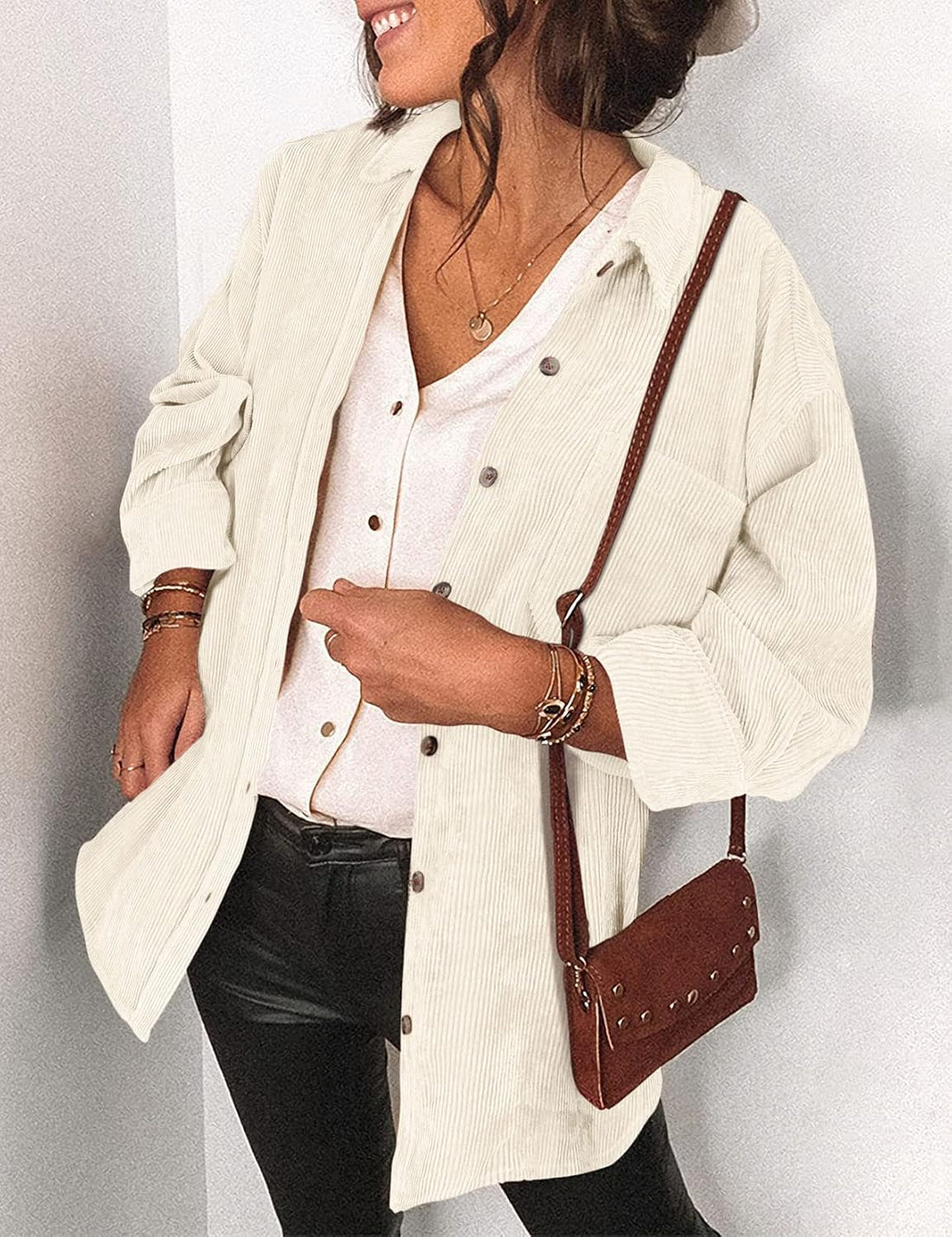 Womens Corduroy Shirt Long Sleeve Oversized Button up V Neck Blouses Tops Loose Shacket Jacket