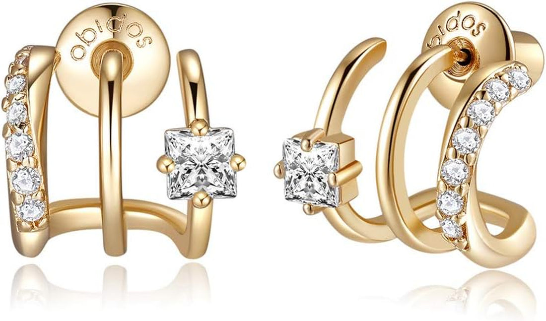 14K Gold Plated Triple Huggie Illusion Stud Earrings | Double Huggie Hoop Earrings for One Hole | Gold Hoop Earrings for Women | Drop Earrings