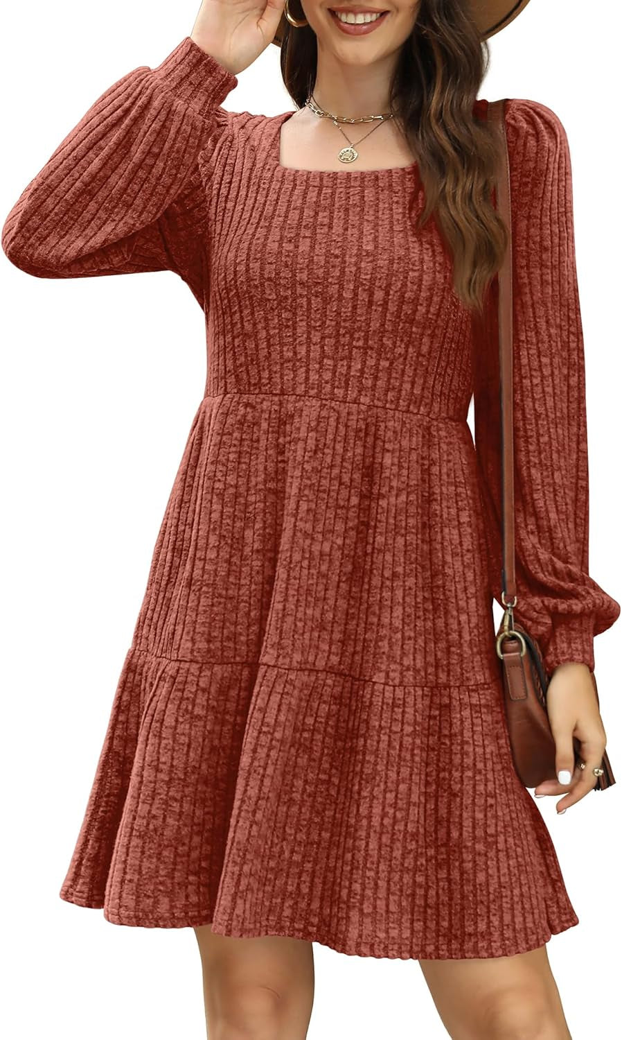 Womens Square Neck Long Sleeve Fall Dresses Casual Babydoll Sweater Dress