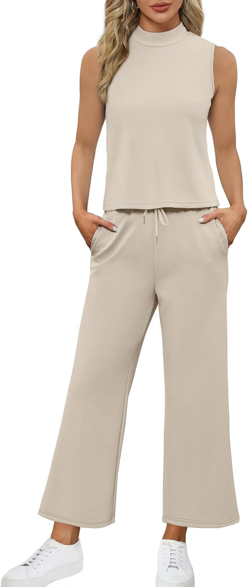 Two Piece Sets for Women Summer Outfits Lounge Sets Mock Neck Tops Wide Leg Crop Pants Vacation Travel Outfits