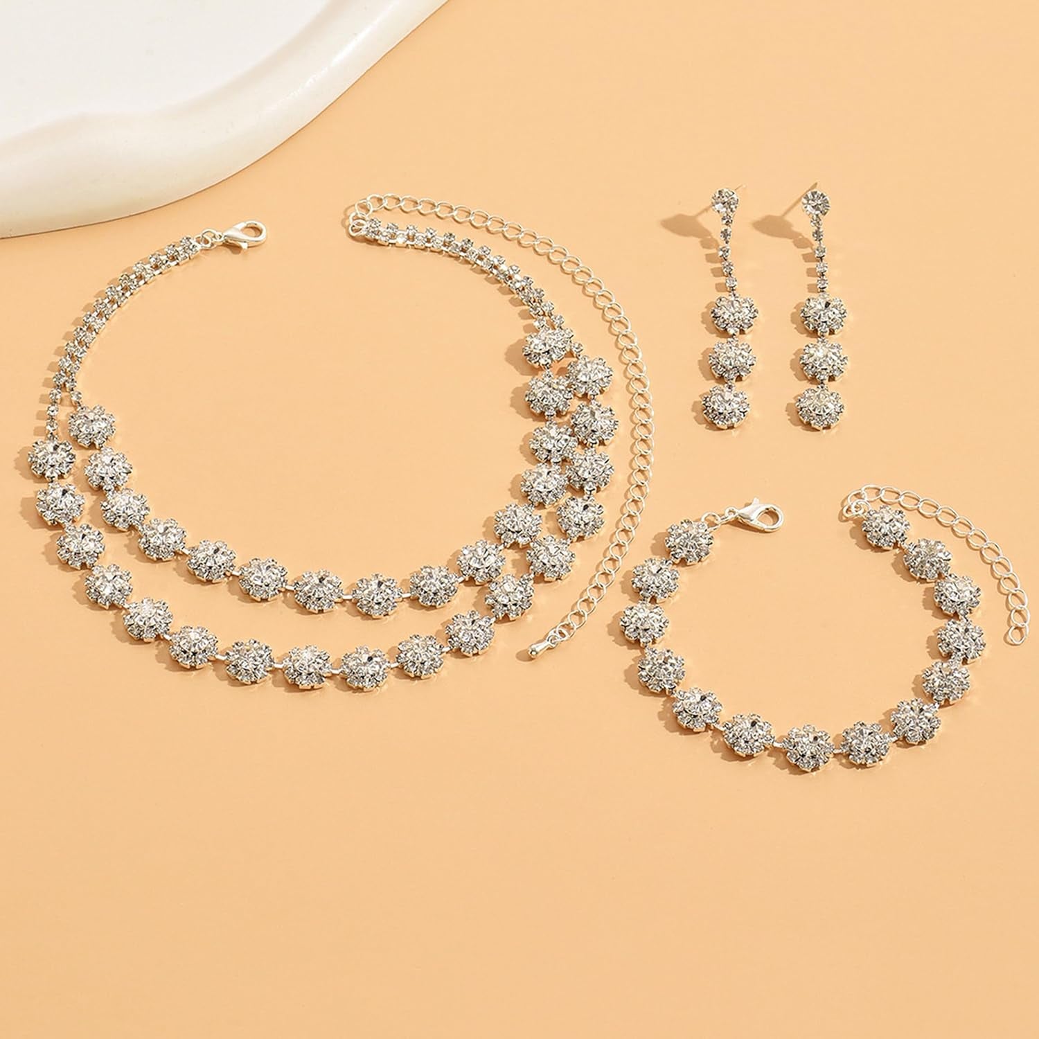Silver Wedding Jewelry Sets for Brides Rhinestone Necklace Earrings Bracelet Set Bridal Costume Jewelry for Women Formal Wedding Guest Dress Accessories Prom Party Outfits