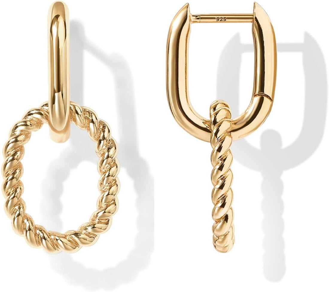 14K Gold Plated Convertible Paperclip Link Huggie Hoop Earrings for Women - Earscape Statement Jewelry - Trendy Cubic Zirconia Two-Toned Rope Drop Dangle Earrings