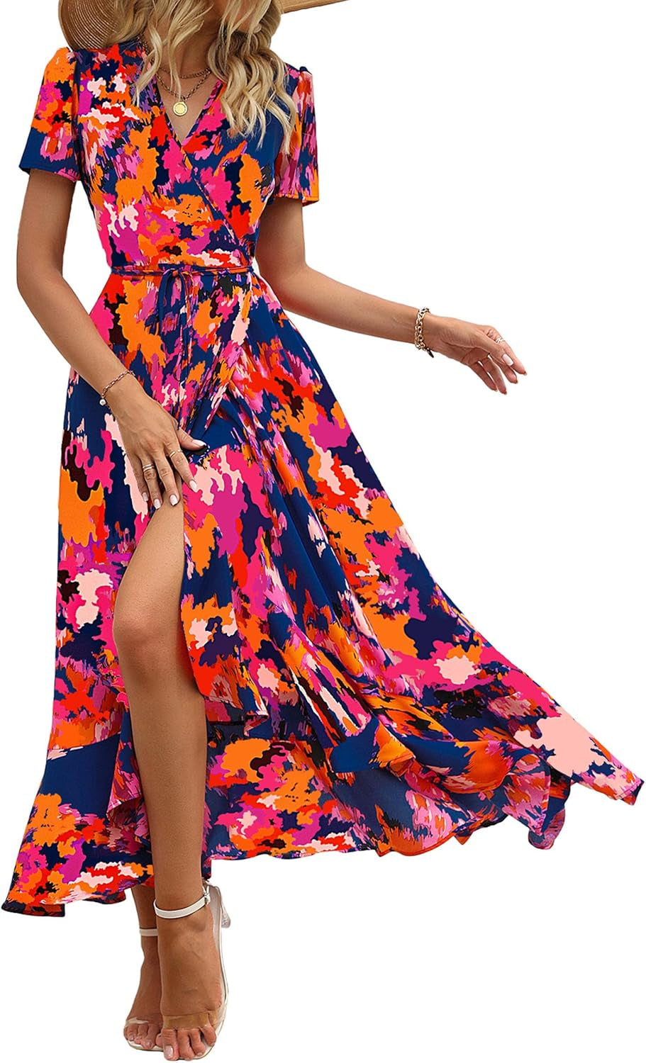 Women'S Summer Maxi Dress Casual Wrap Floral Boho Short Sleeve V Neck Split Ruffle Beach Long Dresses