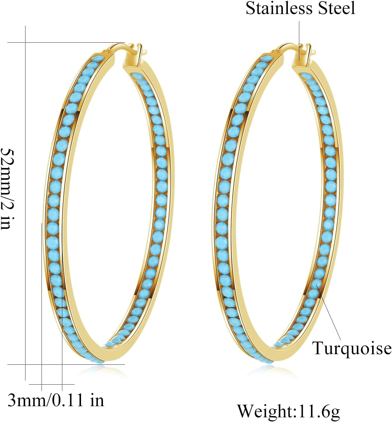 Mult-Colors Crystal Stainless Steel Hoop Earring for Women Hypoallergenic Jewelry for Sensitive Ears Large Big Hoop Earrings 2"