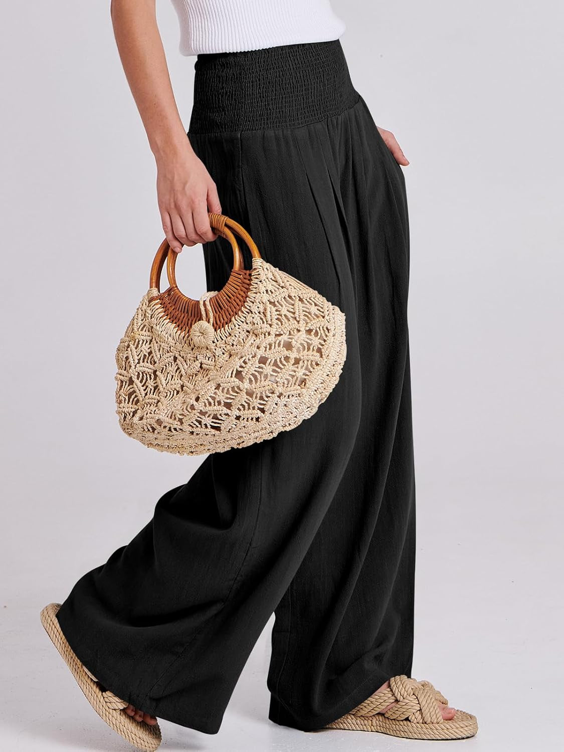 Women Linen Palazzo Pants Summer Boho Wide Leg High Waist Casual Lounge Pant 2025 Beach Travel Vacation Outfits
