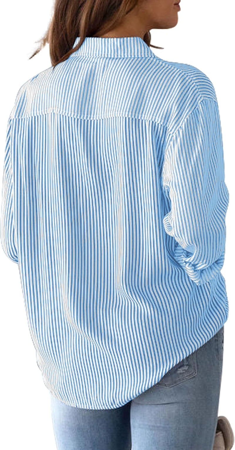 Grade 4 Wrinkle-Resistant Women'S Button down Shirts Striped Long Sleeve Collared Blouses Tops with Pocket
