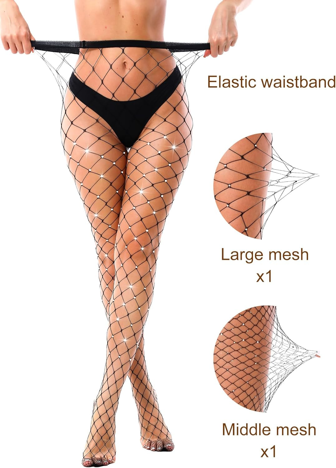 2 Pack Sparkly Large and Medium Mesh Fishnet Tights for Women Glitter Rhinestone Fishnets Stockings