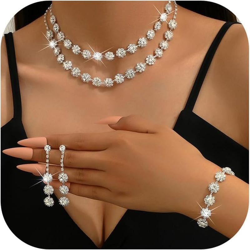 Silver Wedding Jewelry Sets for Brides Rhinestone Necklace Earrings Bracelet Set Bridal Costume Jewelry for Women Formal Wedding Guest Dress Accessories Prom Party Outfits