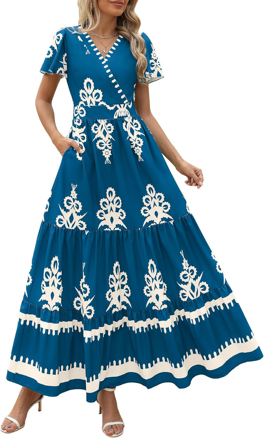 Womens 2025 Summer Casual V Neck Boho Maxi Dress Flowy Aline Bell Sleeve Tiered Floral Dresses with Pocket