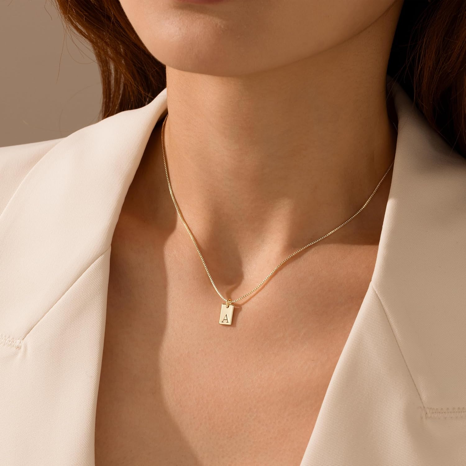 Dainty Initial Necklace for Women – 14K Gold Silver Plated Letter Pendant, Trendy Waterproof Non-Tarnish Personalized Name Tag Charm Necklace, Cute Square A-Z Jewelry Birthday Gift for Women