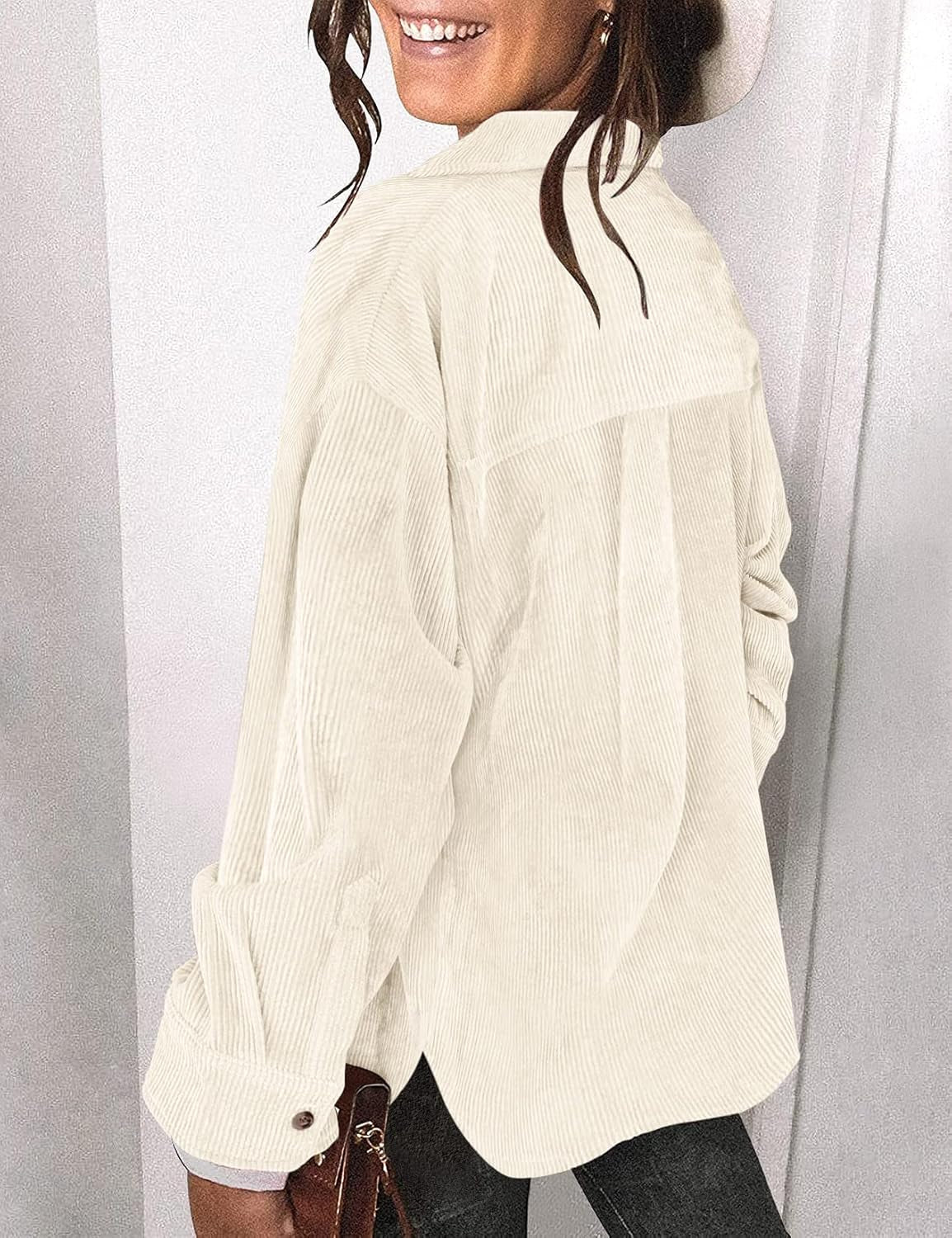 Womens Corduroy Shirt Long Sleeve Oversized Button up V Neck Blouses Tops Loose Shacket Jacket