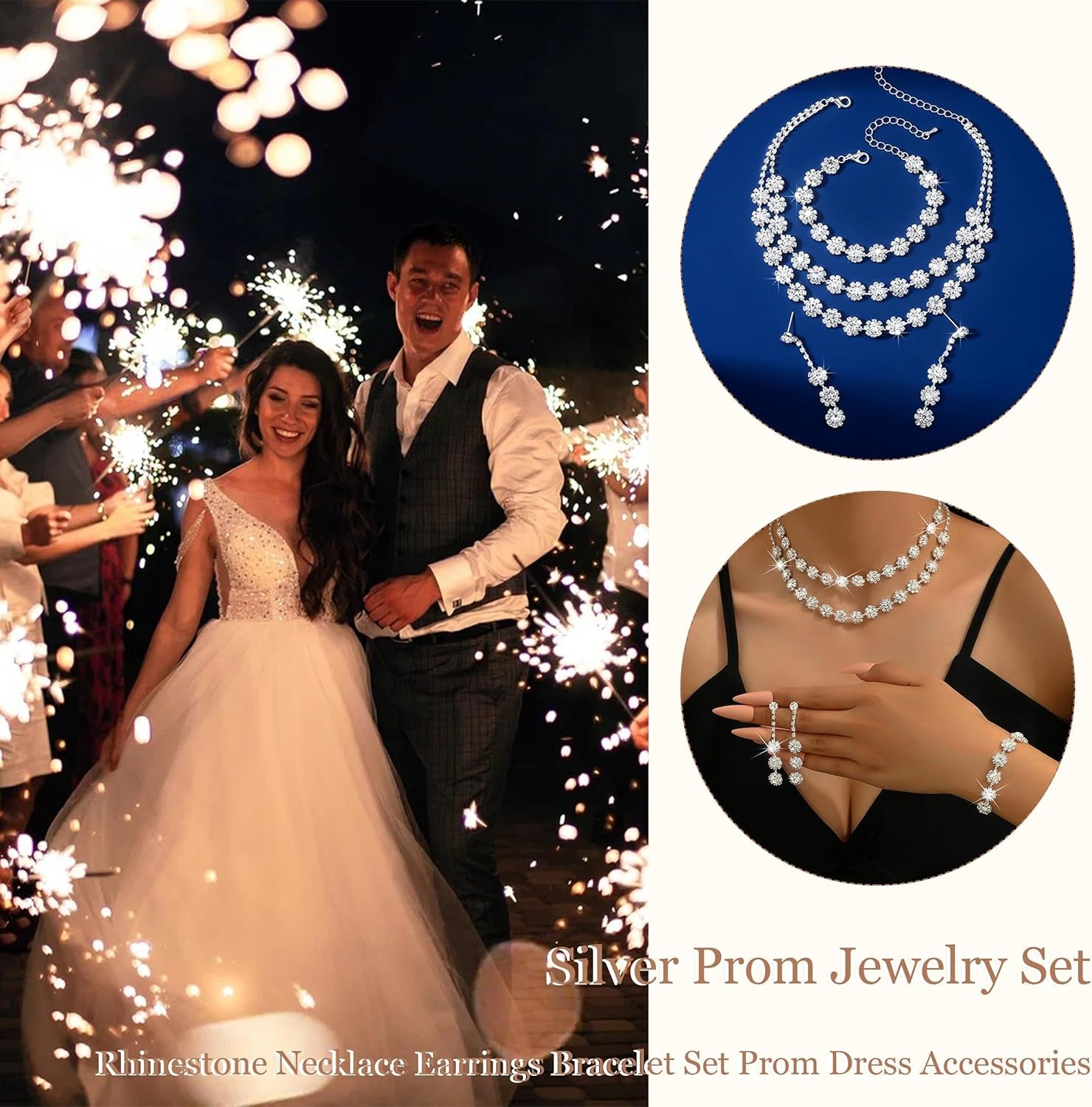 Silver Wedding Jewelry Sets for Brides Rhinestone Necklace Earrings Bracelet Set Bridal Costume Jewelry for Women Formal Wedding Guest Dress Accessories Prom Party Outfits