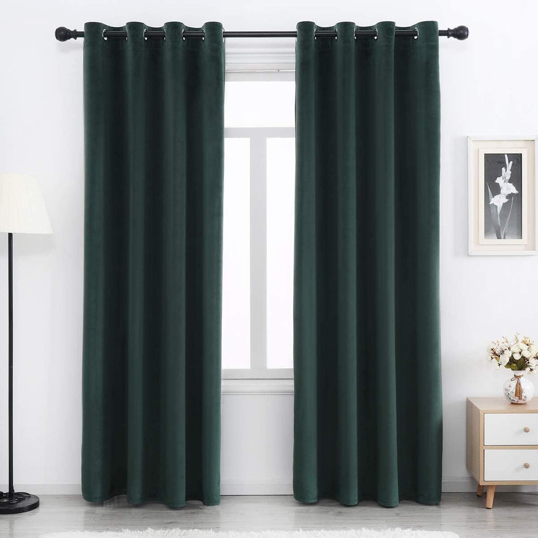 Green Velvet Blackout Curtains - 84 Inch Long Grommet Velvet Window Curtain Panels - Set of 2 Heat Insulated, Thermal Light Blocking Panels for Bedroom