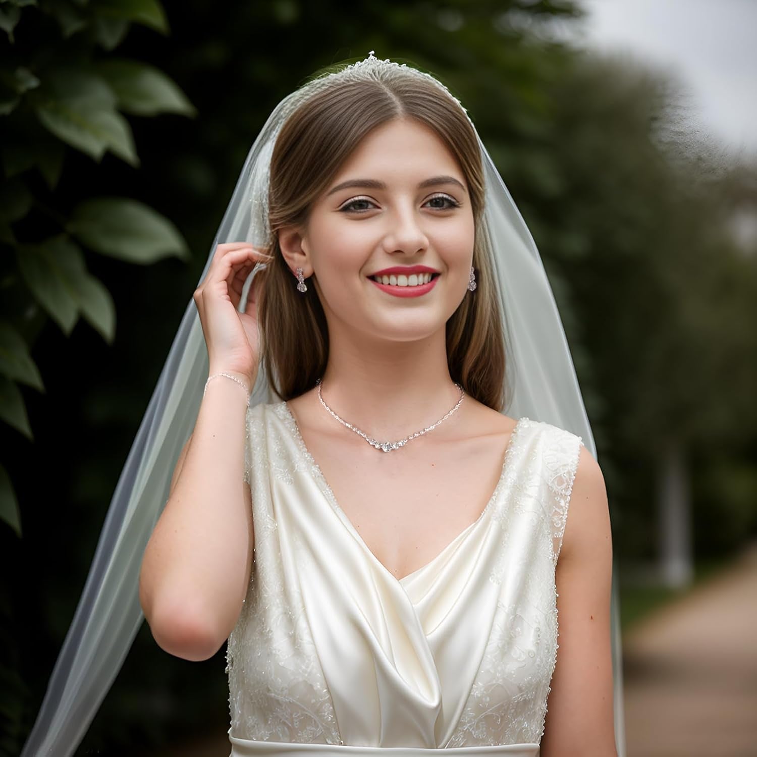Women Jewelry Set Silver Necklace Earrings Bracelet Rhinestone Crystal Bridal Wedding Jewelry Sets for Brides Bridesmaid Wedding Party