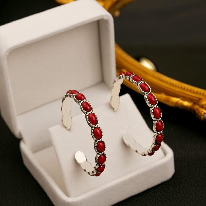 Boho Turquoise Oval Drop Dangle Earrings for Women Beaded Western Flower Teardrop Earrings Vintage Ethnic Alloy Pendant Jewelry Gift